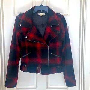 American Rag Red Black Buffalo Plaid Wool Moto Jacket